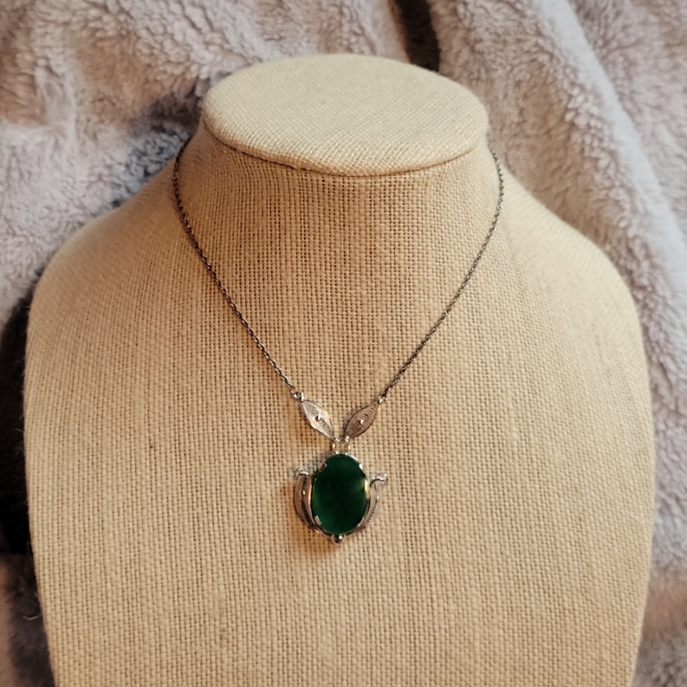 Sterling Necklace with Intricate Detail Oval Green Onyx Filigree Pendant